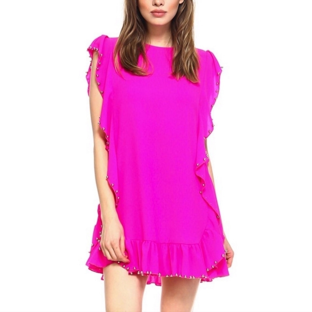 TCEC Barbie Pink Round Gunmetal Appliqué Trim Ruffle Textured Shift Dress Large